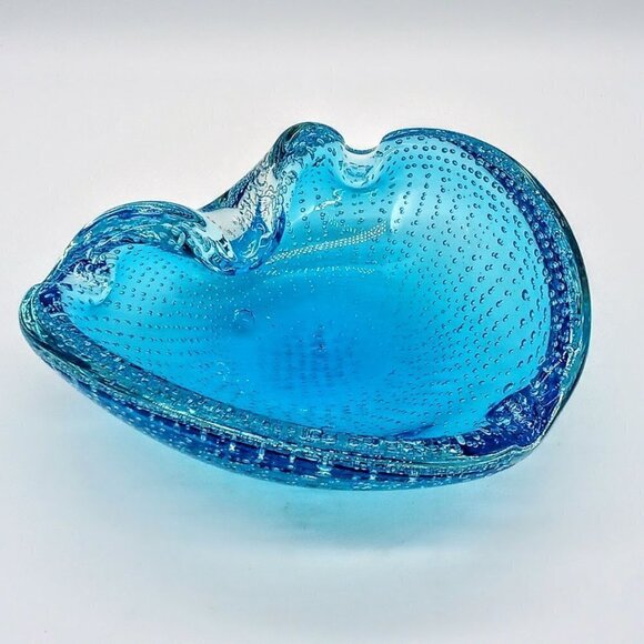 Murano Blue Controlled Bubble Glass Ashtray - Picture 1 of 6